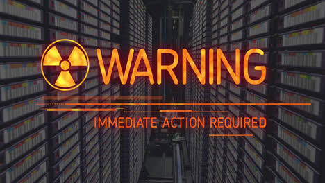 animation of warning text and symbol over server room