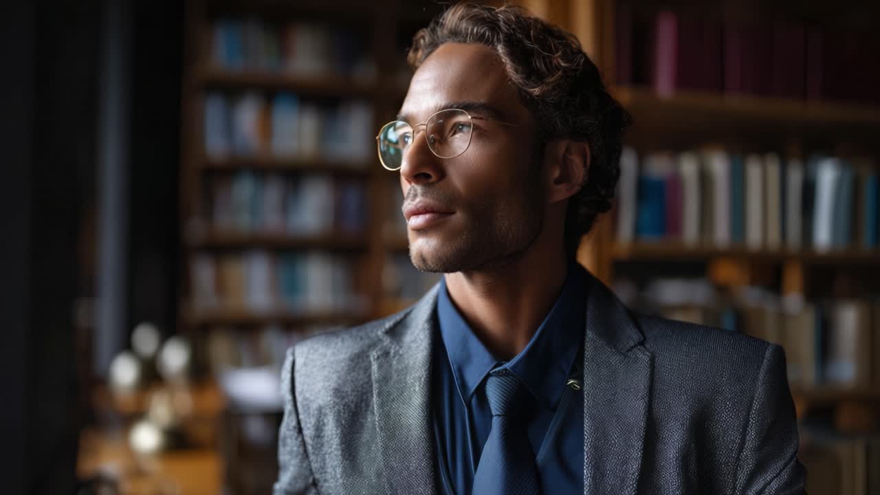 Un hombre contemplativo con un traje a medida mira pensativamente a la distancia, rodeado de estanterías llenas de libros en una acogedora atmósfera de biblioteca.