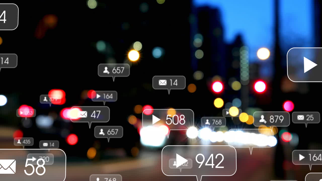 도로 교통과 도시 풍경에 대한 소셜 미디어 아이콘과 숫자의 애니메이션