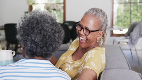 happy senior african american female friends having coffee and talking on couch, slow motion