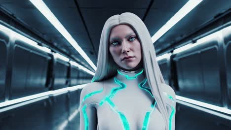 Futuristic female humanoid with glowing lines wearing stylish white suit standing confidently inside spaceship corridor, representing advanced technological innovation in digital art