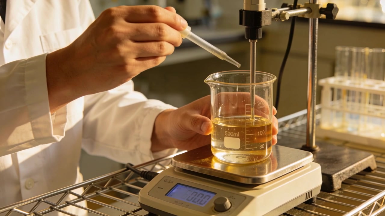 Tecnico in camice da laboratorio che stabilizza un becher su una bilancia, dosa con una pipetta al banco di laboratorio e monitora una sonda.