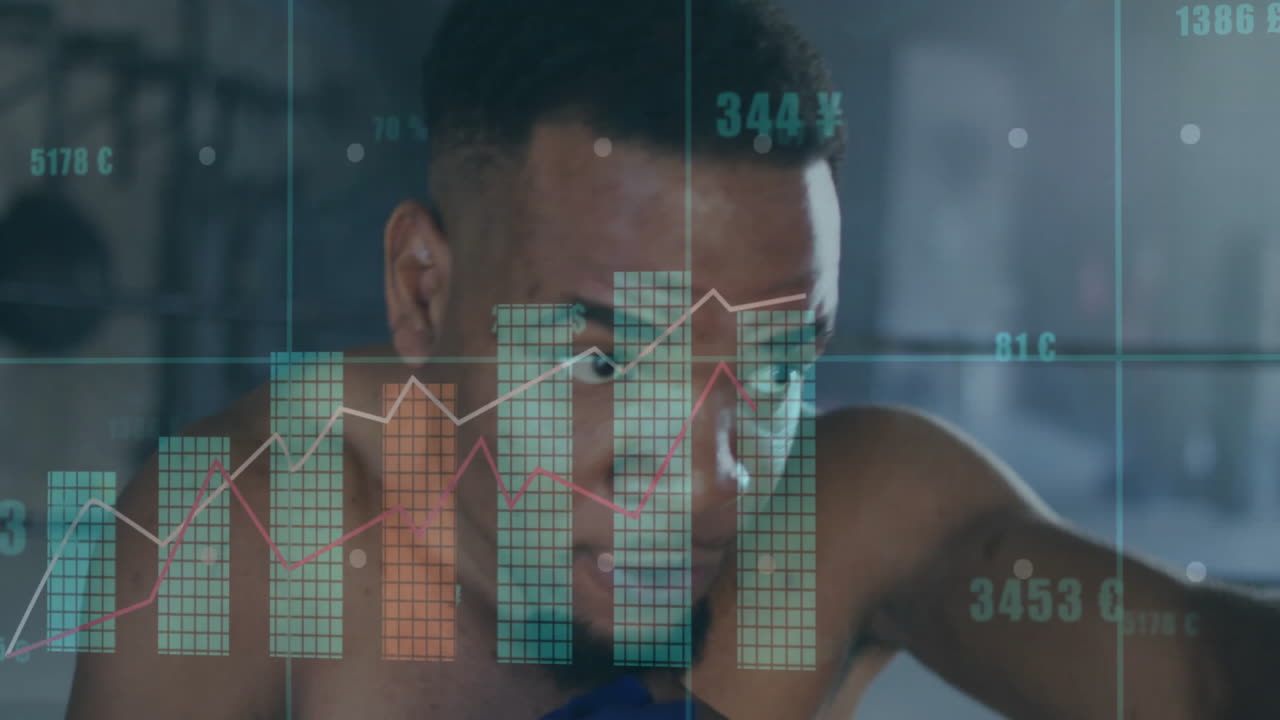 male boxer throwing punch in gym, with blue gloves and animated graphs showing fitness metrics