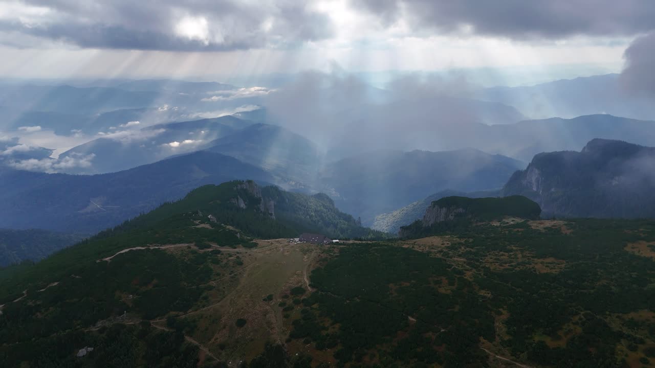 Dramatic Aerial View of Mountain Range with Crepuscular Rays