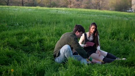 couple playing cards in a park