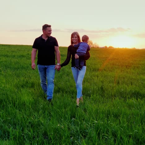 Una-Joven-Pareja-Casada-Está-Caminando-Por-Un-Hermoso-Prado-Al-Atardecer-1