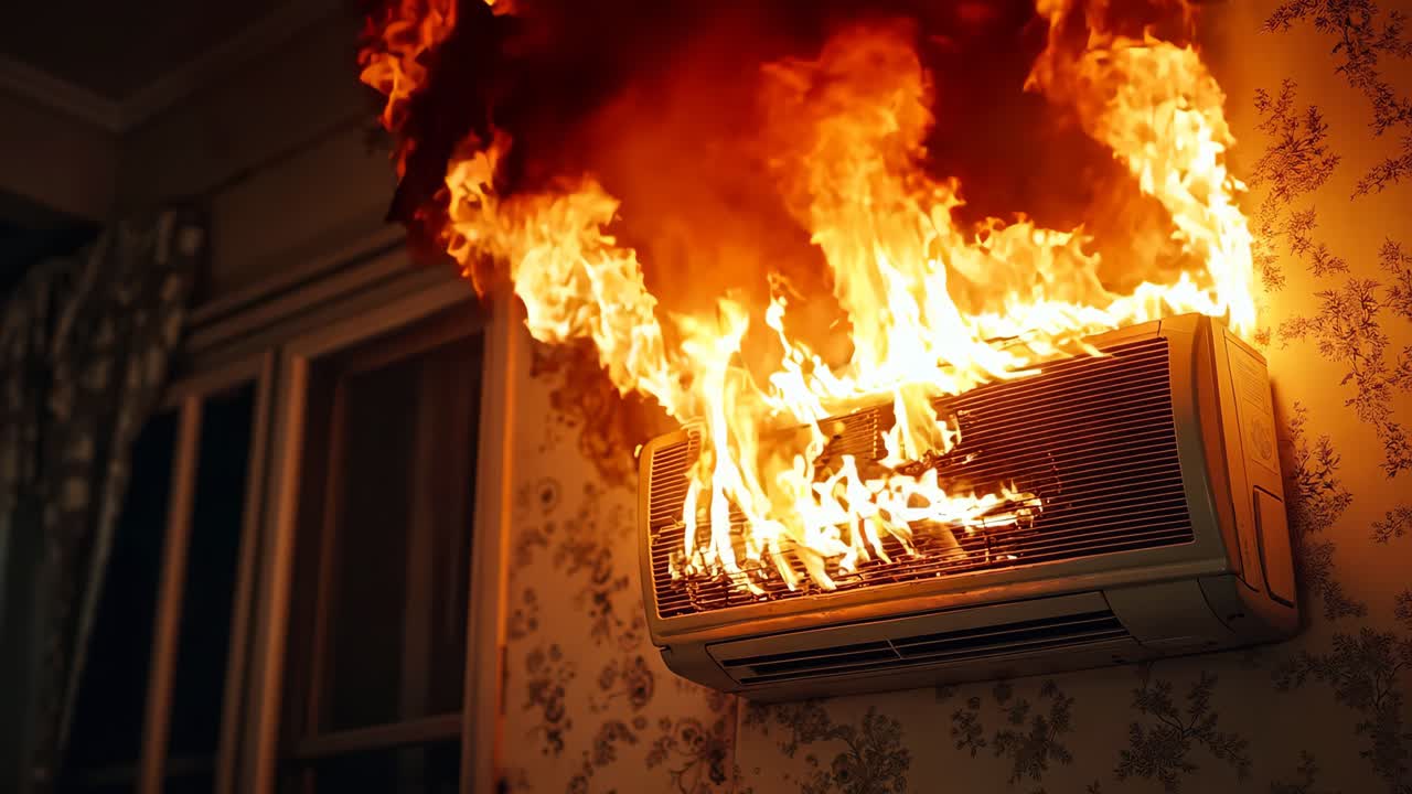 방에서 불타는 에어컨