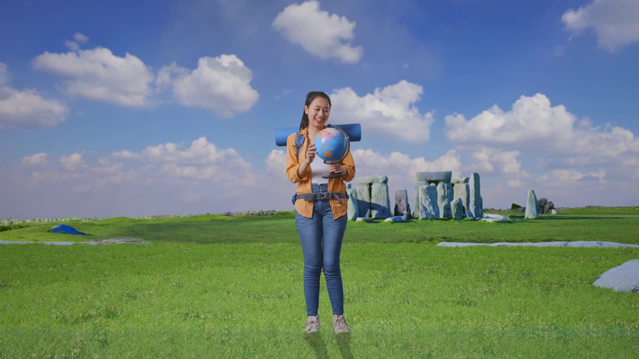 Woman Traveler with Globe at Ancient Monument