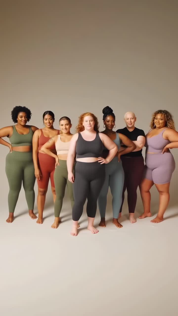 Gruppo eterogeneo di donne in abbigliamento sportivo, in piedi con sicurezza. Video ripreso da un’angolazione bassa