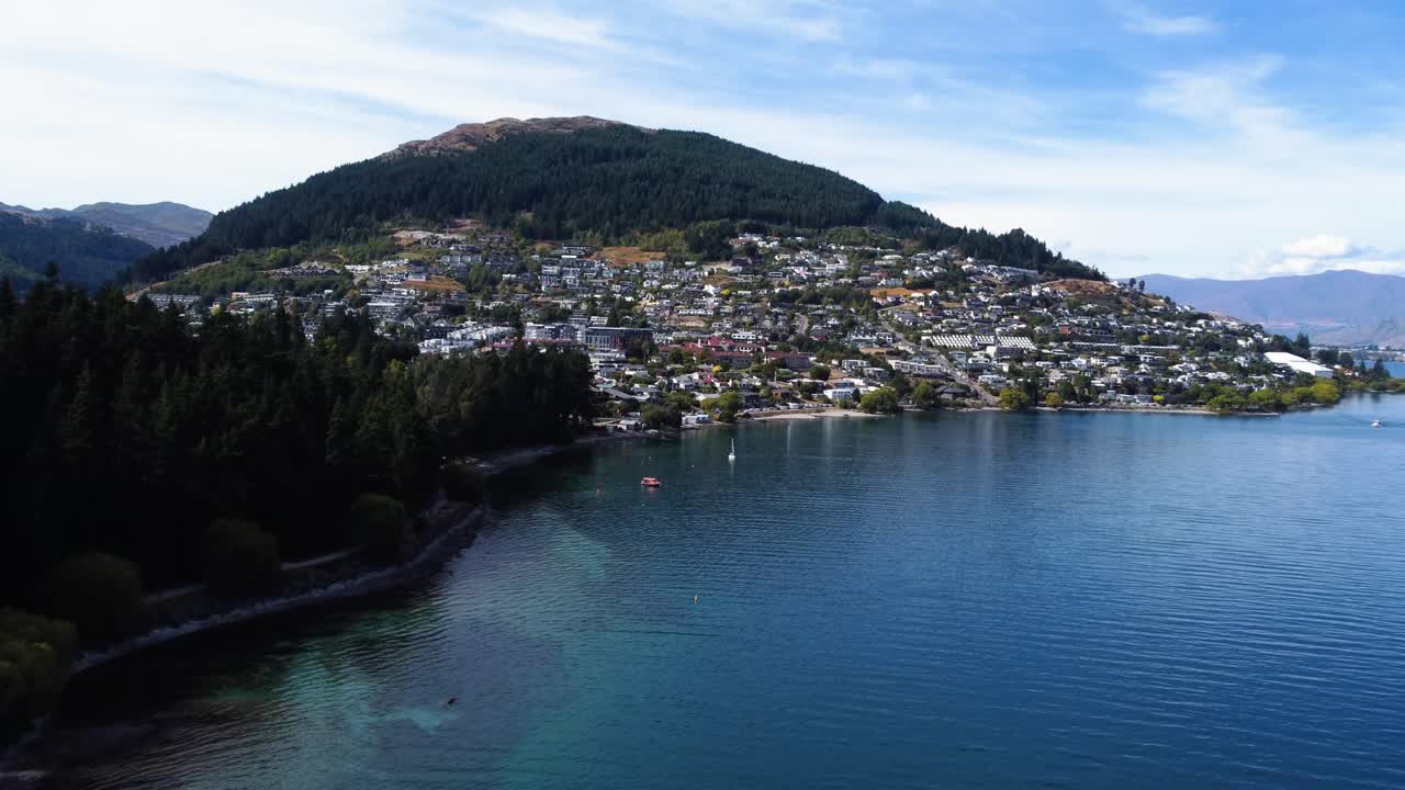 AERIAL Shot of Queenstown and Lake Wakatipu in New Zealand
