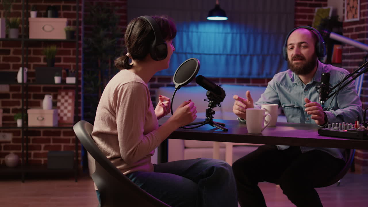 Famous influencer in online radio show talking with male host about social media success