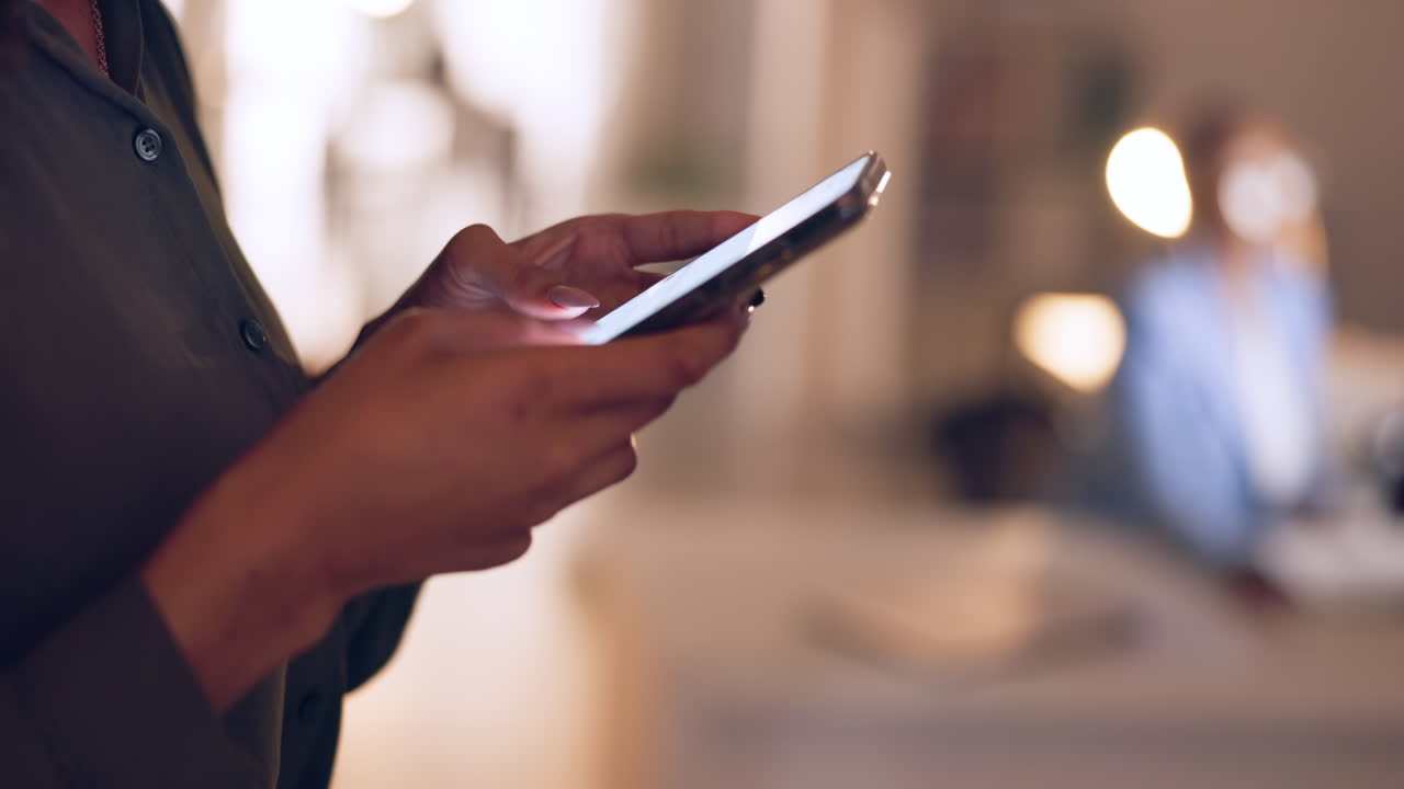 Night, phone and hands of woman typing social