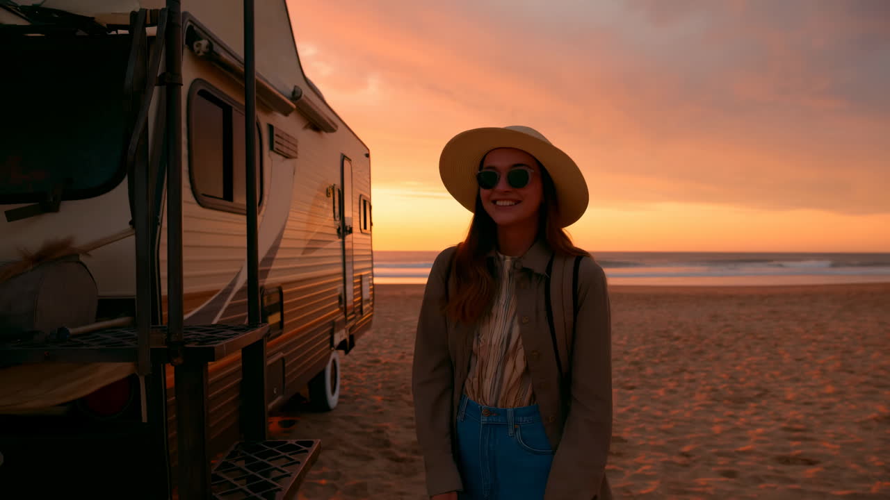 Ung kvinde stiger ind i autocamper på strand ved solnedgang
