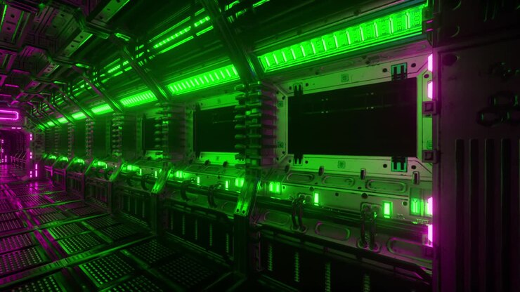 Flying into spaceship tunnel, sci-fi spaceship corridor. Futuristic technology for technical titles and backgrounds. Internet traffic graphics, speed. 3D rendering. 4k animation of seamless loop