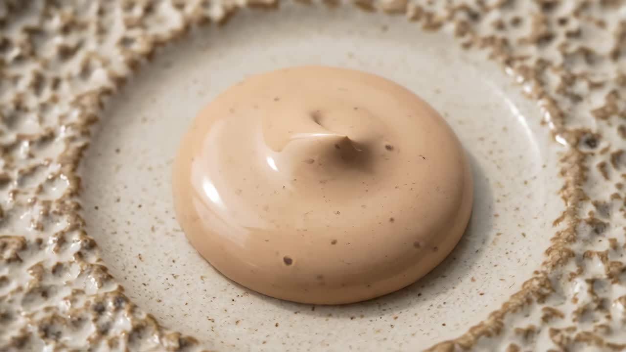 Primo piano di crema fondotinta beige rotante su piatto testurizzato
