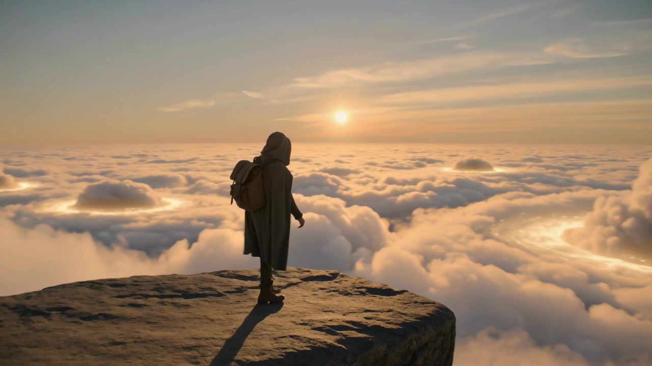 Viaggiatore incappucciato con mantello e zaino che si ferma su una scogliera sopra le nuvole mentre il sole tramonta, osservando un portale.