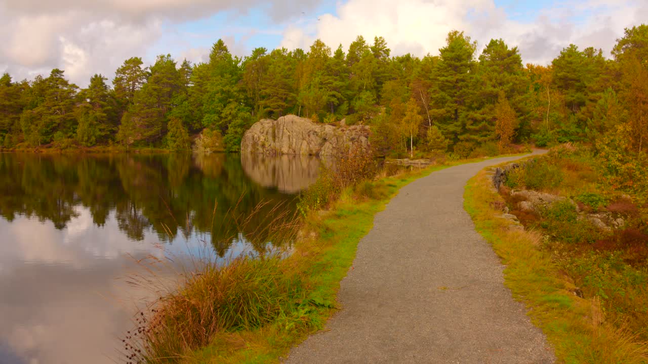 Narrow Path By The Tranquil Lake During Autumn In Norway. Wide Shot