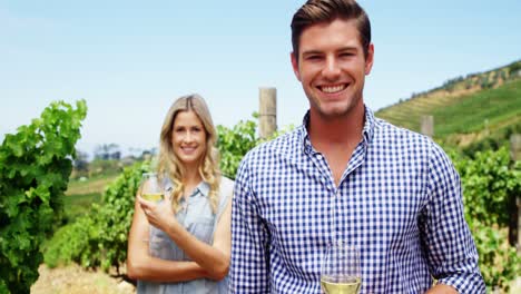 retrato de una pareja feliz de pie con vasos de vino