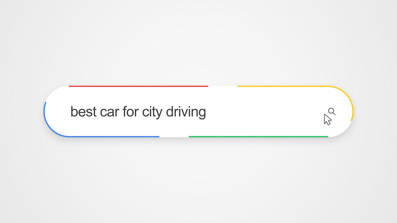 Close-up view of typing "best car for city driving" into an online search bar with a cursor clicking the search icon, illustrating internet search and automotive research