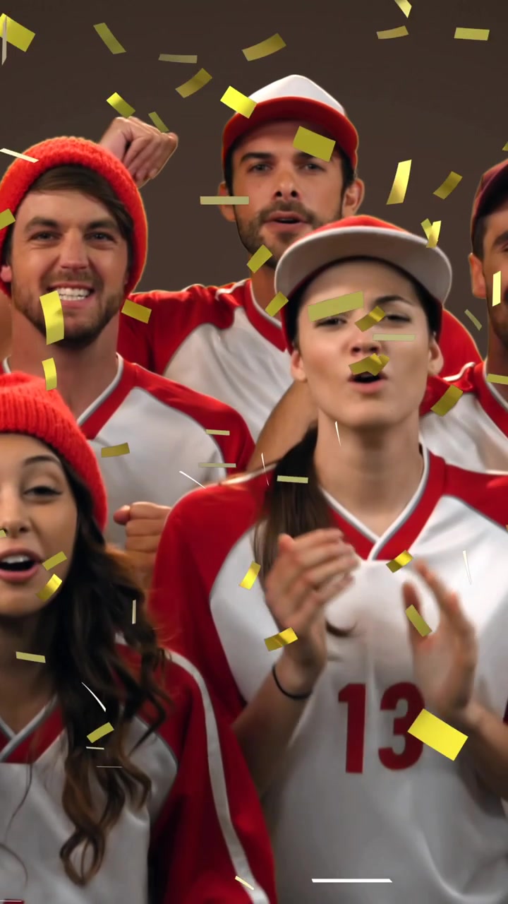 Animación de confeti dorado cayendo sobre un grupo de aficionados deportivos, masculinos y femeninos, animando