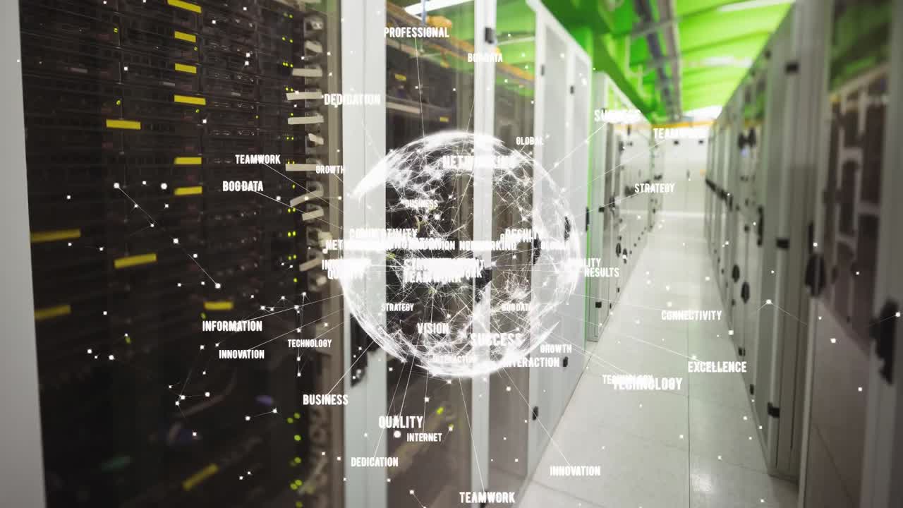 Animation of business texts and globe over server room