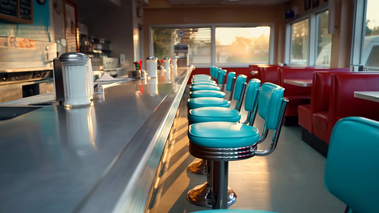 Interior of a diner static scene with no visible action or, in diner interior possibly vintage style, with rows of blue stools, red booth seating, counter area, with blue, red accents.