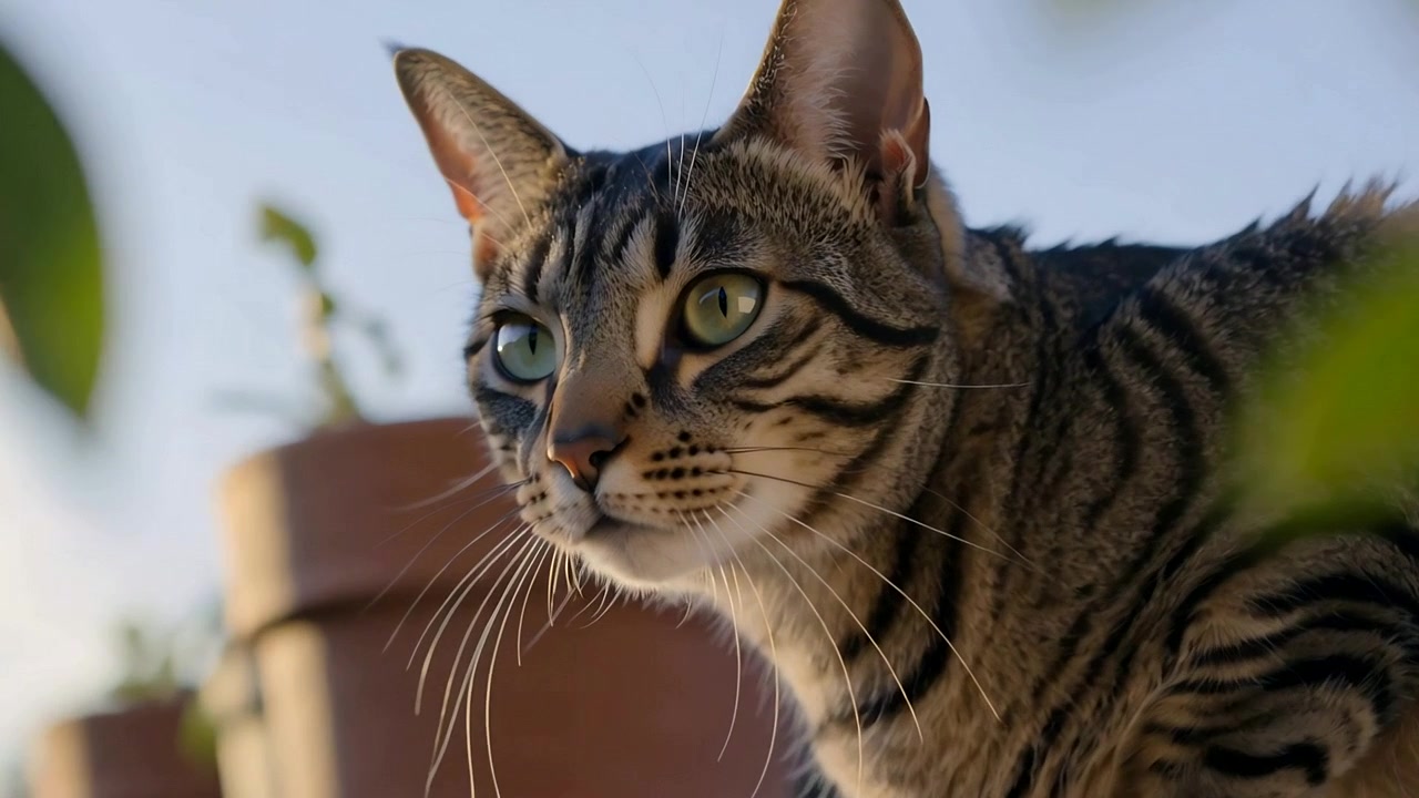 Eine sitzende Tabby-Katze bemerkt Bewegung auf dem Balkon, dreht sich zur Kamera, während der Fokus auf ihre Augen und die Töpfe gerichtet wird.