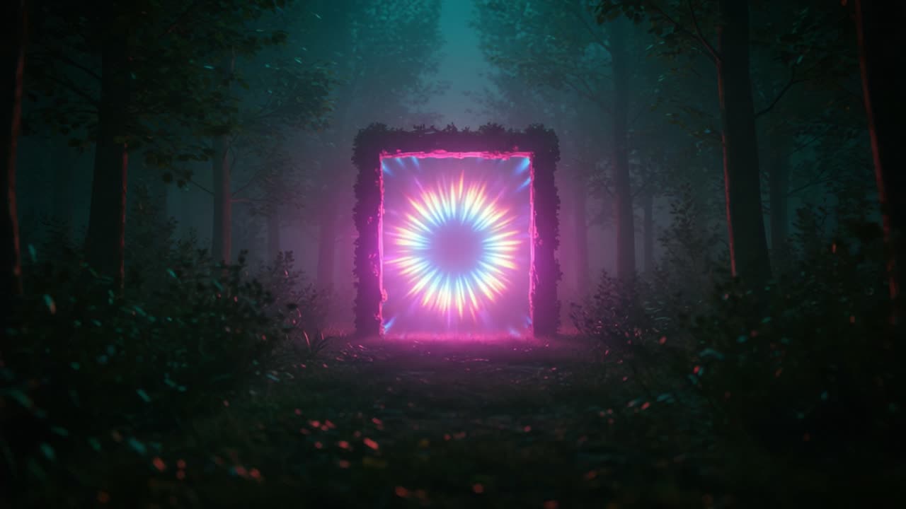 A Mystical Portal Glowing with Vibrant Colors in a Lush, Enigmatic Forest Scene, Inviting Exploration and Imagination Through Its Eye-Catching Light Patterns