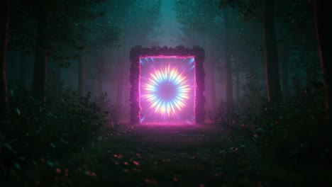 A Mystical Portal Glowing with Vibrant Colors in a Lush, Enigmatic Forest Scene, Inviting Exploration and Imagination Through Its Eye-Catching Light Patterns