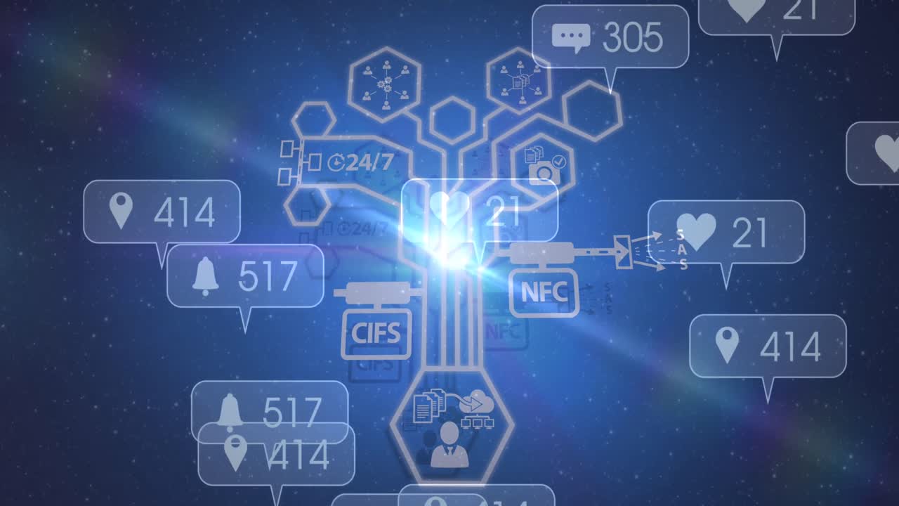 소셜 미디어 아이콘과 숫자의 네트워크와 함께 반 ⁇ 이는 빛의 애니메이션
