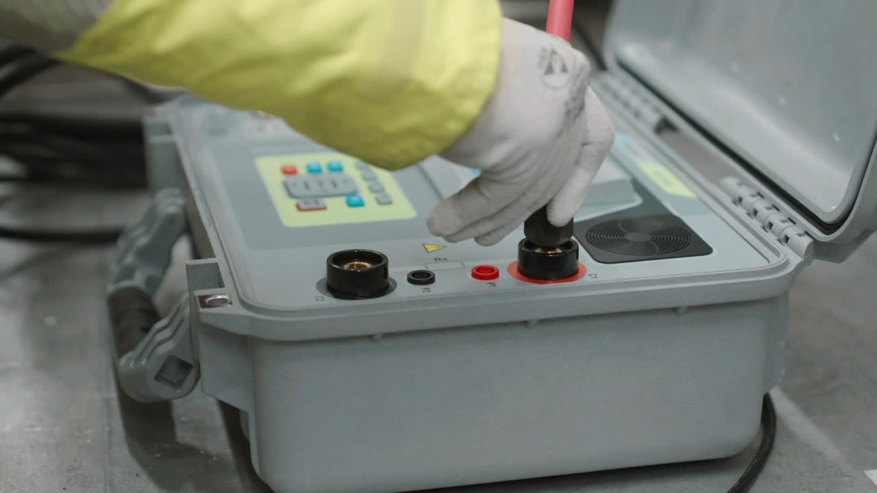Worker in protective gear adjusting industrial testing device indoors