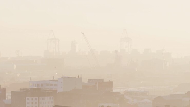 General view of cityscape with multiple buildings and shipyard covered in fog