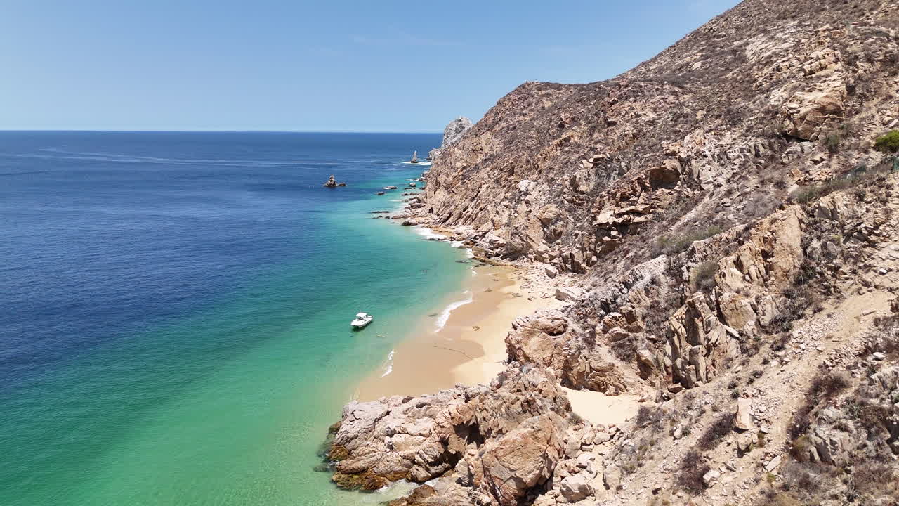 Drone Shot of Cabo San Lucas Coastline, Boats Near Beaches and Rocky Hills, Baja California, Mexico