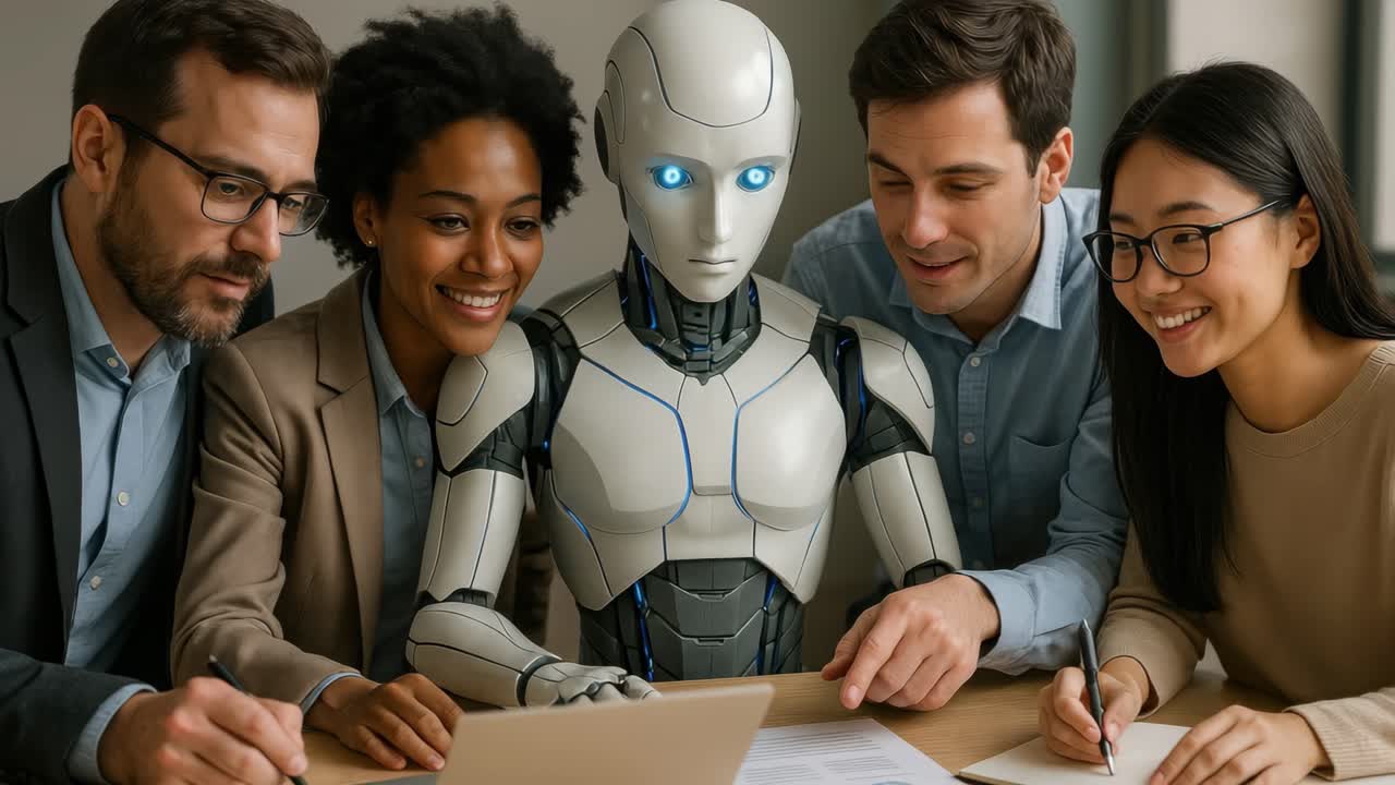 A diverse team collaborates with a robot, viewed from a front angle