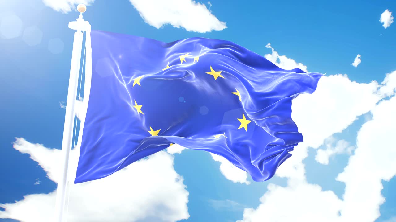 유럽연합의 현실적인 발이 타임스 구름 배경에서 흔들리고, 4k 해상도에서 세부적인 직물 질감으로 완벽한 루프가 있습니다.