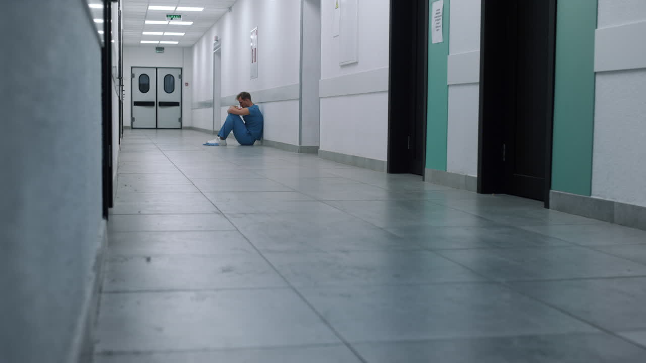 Tired doctor sitting hospital corridor floor. Overwhelmed surgeon resting alone.
