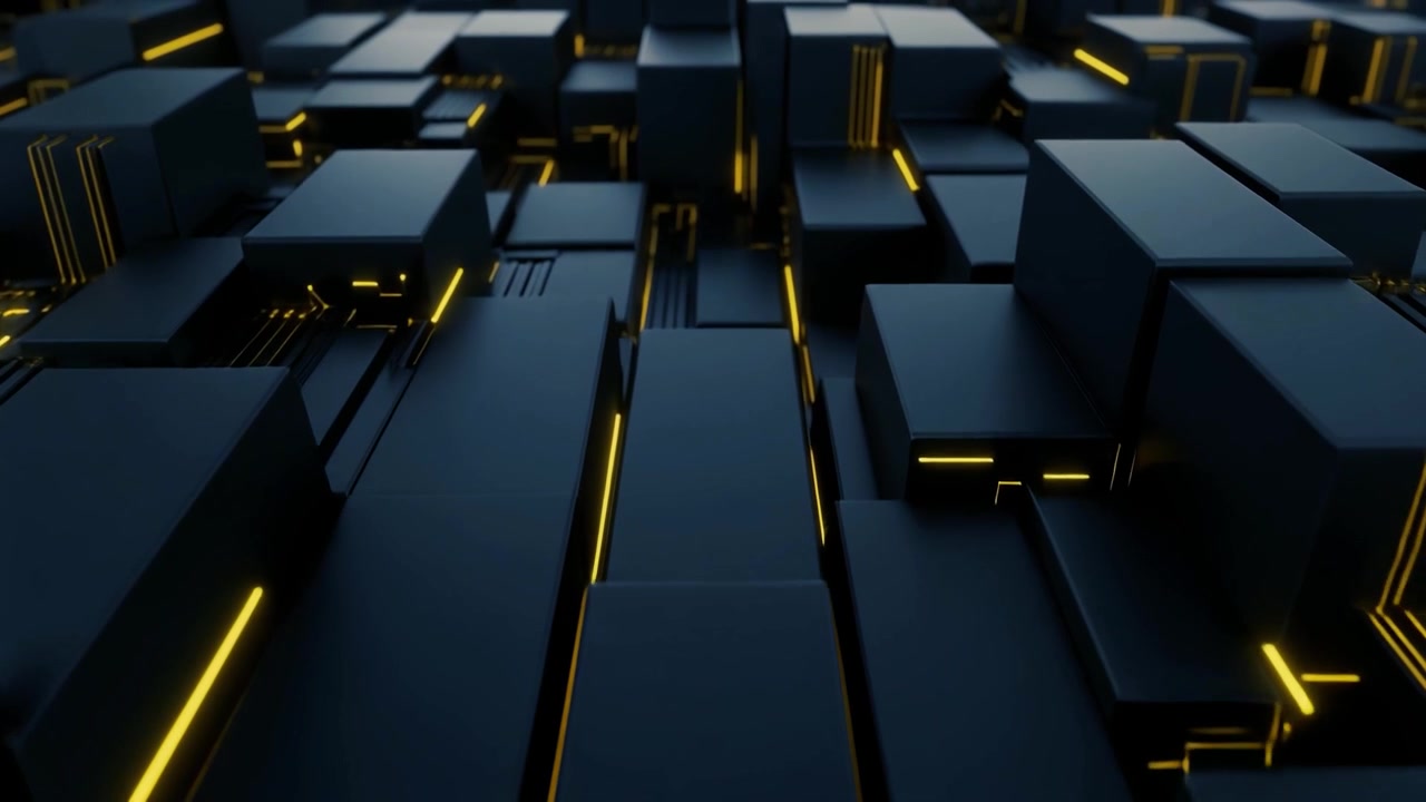 Abstract 3D Animation of Moving Dark Cubes with Glowing Yellow Lines