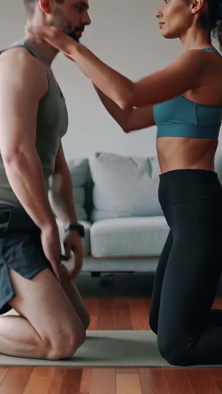 Vídeo vertical: Homem e mulher iniciando contato das mãos em tapete de yoga, guiando alongamento de fitness com parceiro