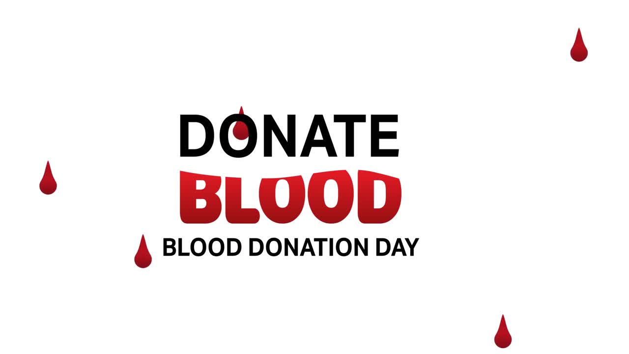 animación de la donación de sangre texto del día de la donación de sangre y gotas de sangre cayendo sobre un fondo blanco