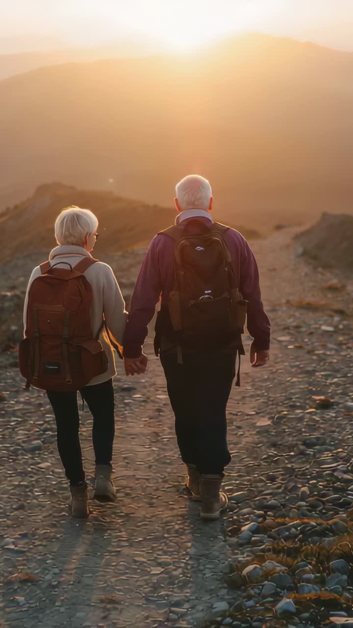 Vertical video: Walking hiking couple holding hands as sun lowering on rocky trail, with backpacks