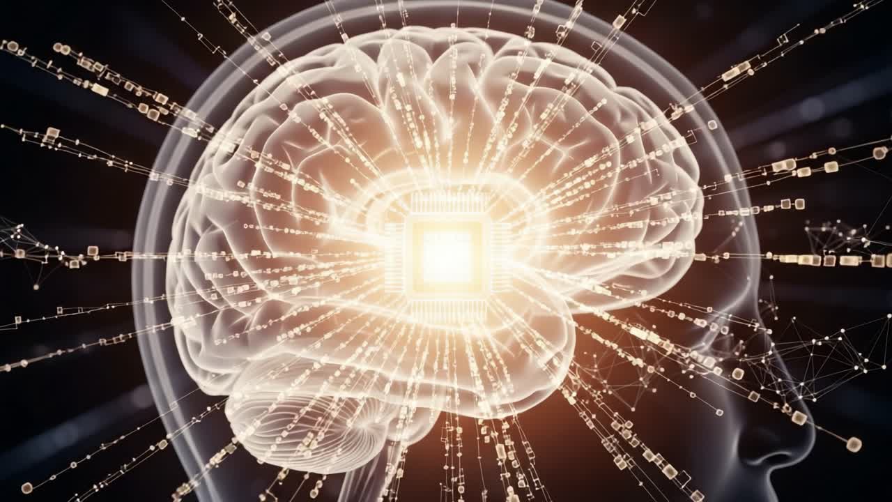 A visualization of the intersection between human cognition and technology, illustrating the powerful relationship between the brain and artificial intelligence through radiant connections