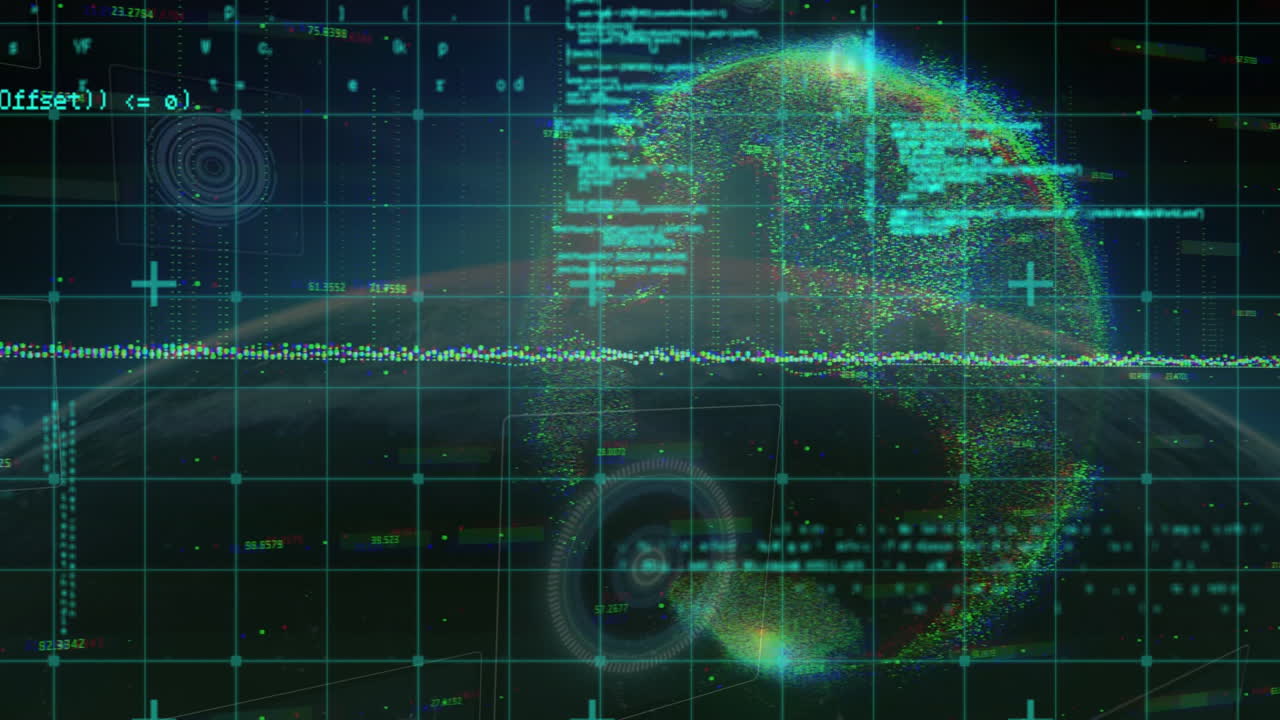 Digital globe and data processing animation over grid with coding elements