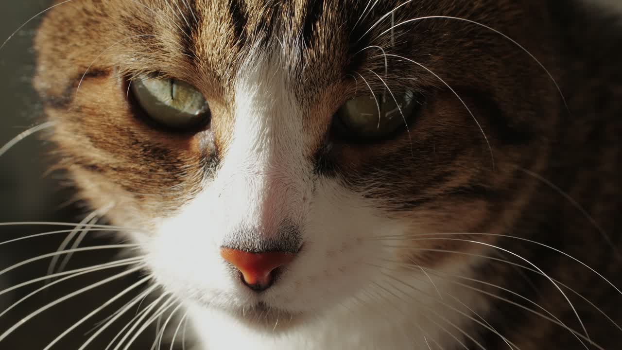 Close-up of tricolor cat sitting and looking . Kitty with yellow eyes. Pet at home