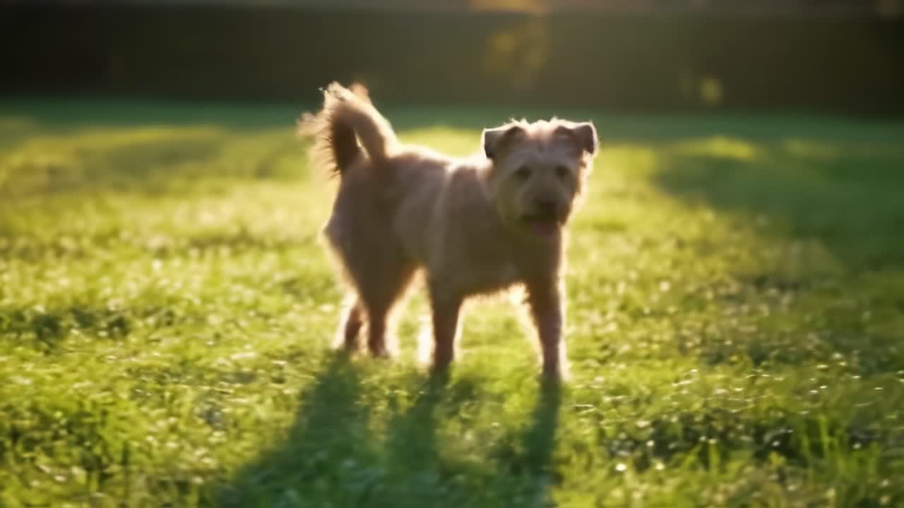 A Playful Dog Joyfully Running Through a Lush Green Field During the Golden Hour, Capturing the Essence of a Happy Canine Adventure in Nature