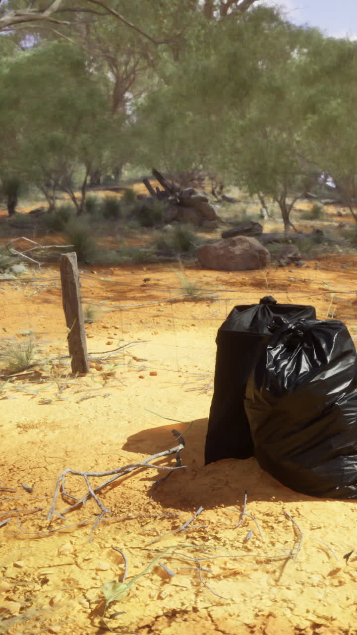Trash bags left on sandy ground in the outskirts of a desert area