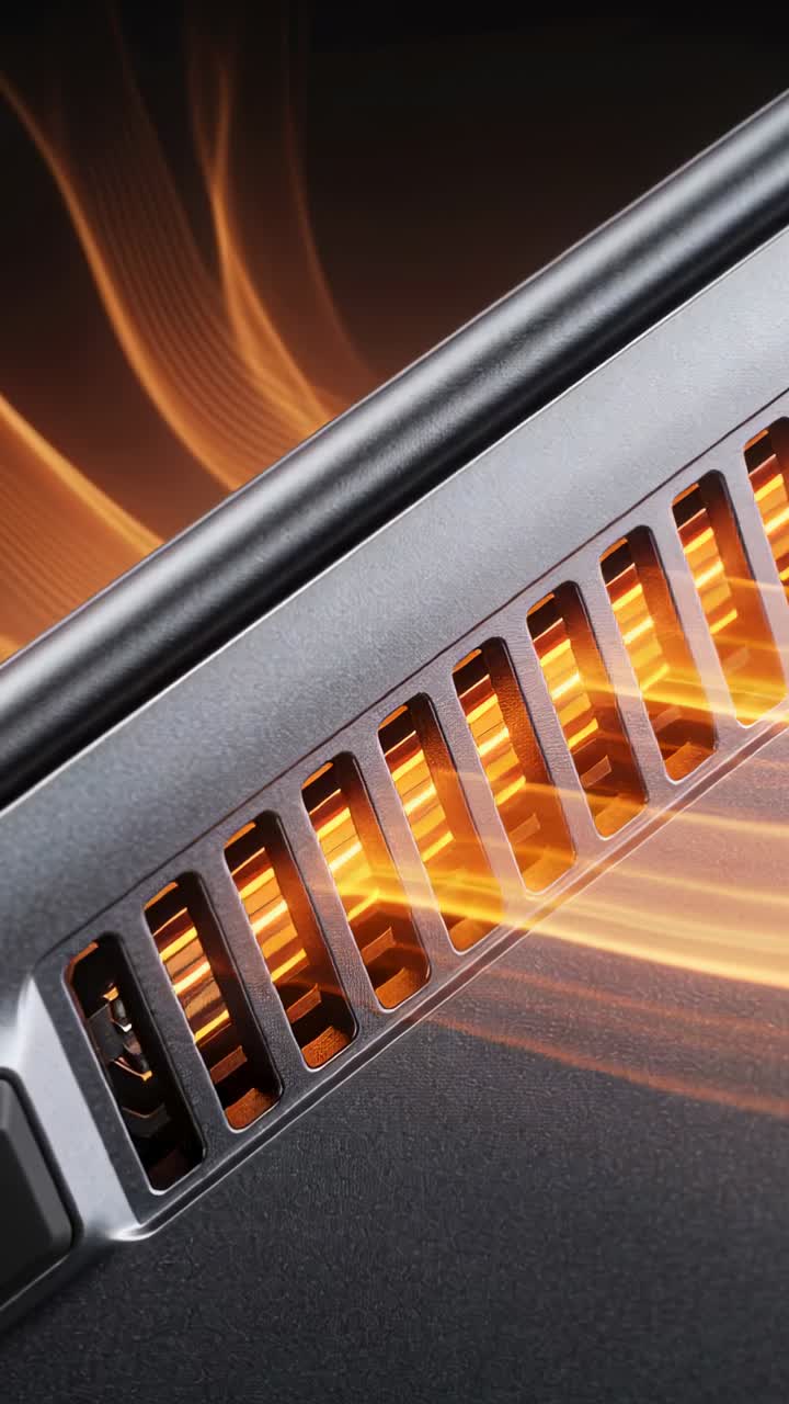 Metal vent powering on in tech demo emitting orange glow and airflow streaks intensifying settling