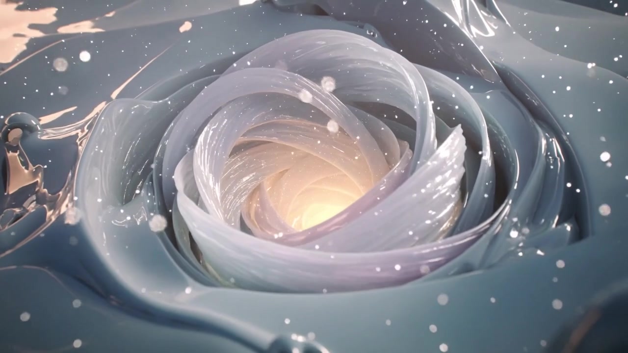 Moving camera revealing layered petal spiral tunnel at CG render, showing inner textures and core