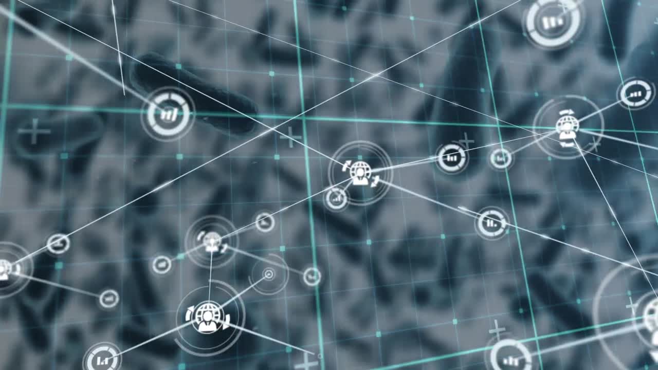 Network of digital icons and data processing against multiple blood vessels on grey background