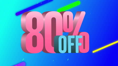 animation of 80 percent off on blue background with colorful shapes