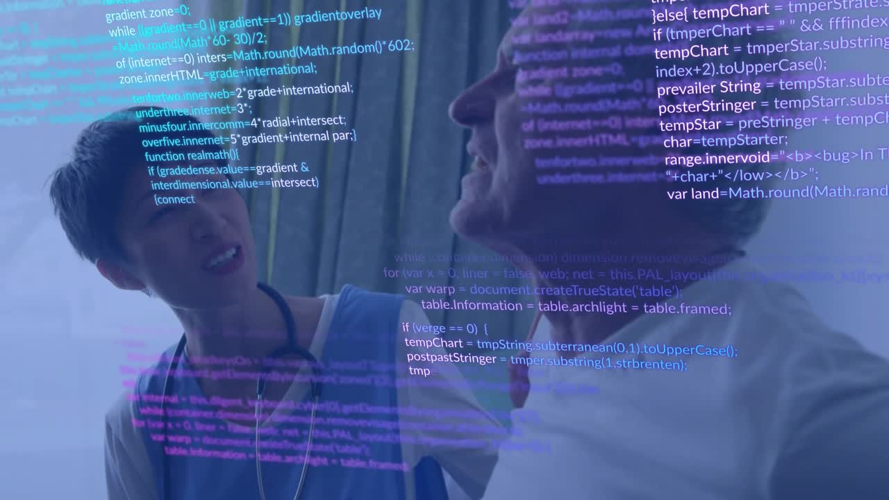 Nurse resting hand on patient and comforting while patient laughing and code drifting across clinic